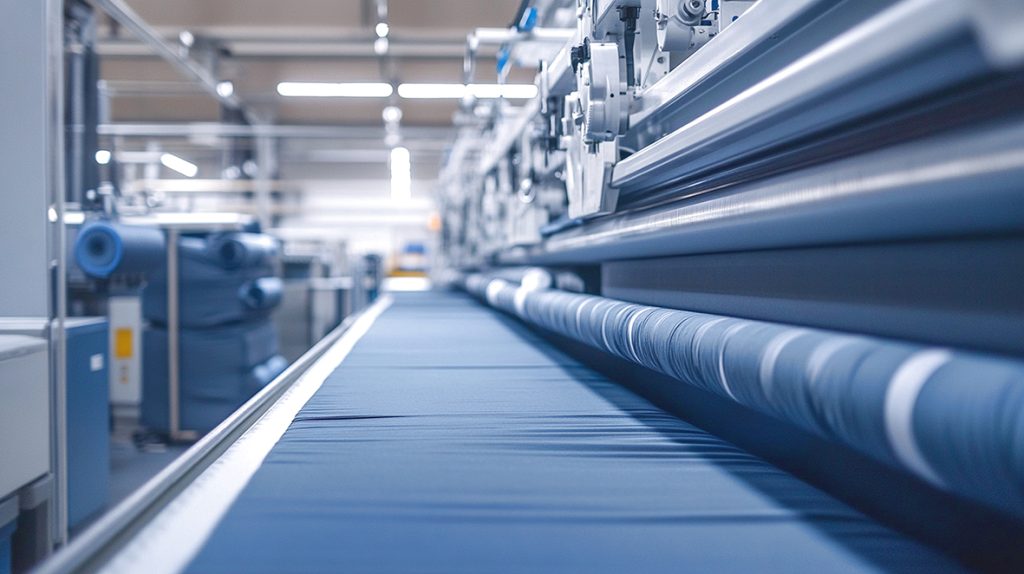 Rouleaux de tissu en préparation dans l'atelier